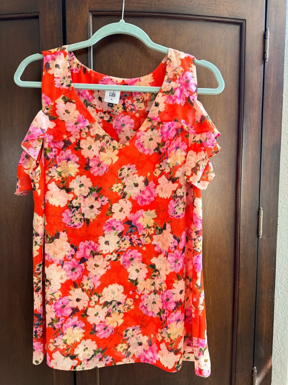 CAbi Floral V-Neck Blouse in Red and Pink